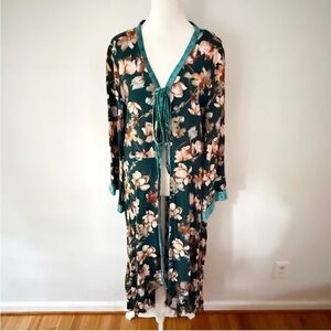 Jodifl Women Floral Velvet Trim Kimono Topper Small Boho Casual Festival Hippie